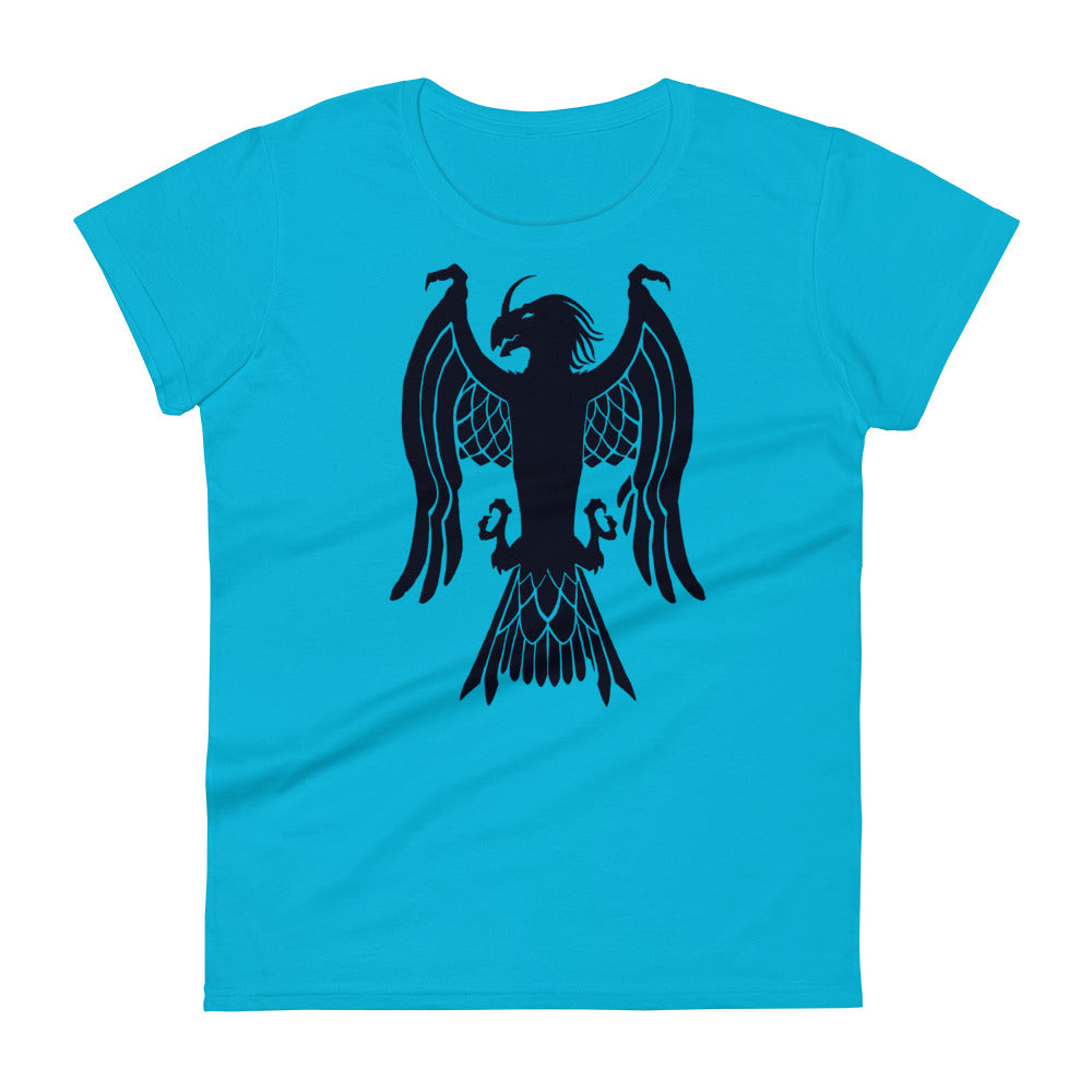 Women's Short Sleeve T-Shirt "Red Wolf” Crest Front/Adventurers Back