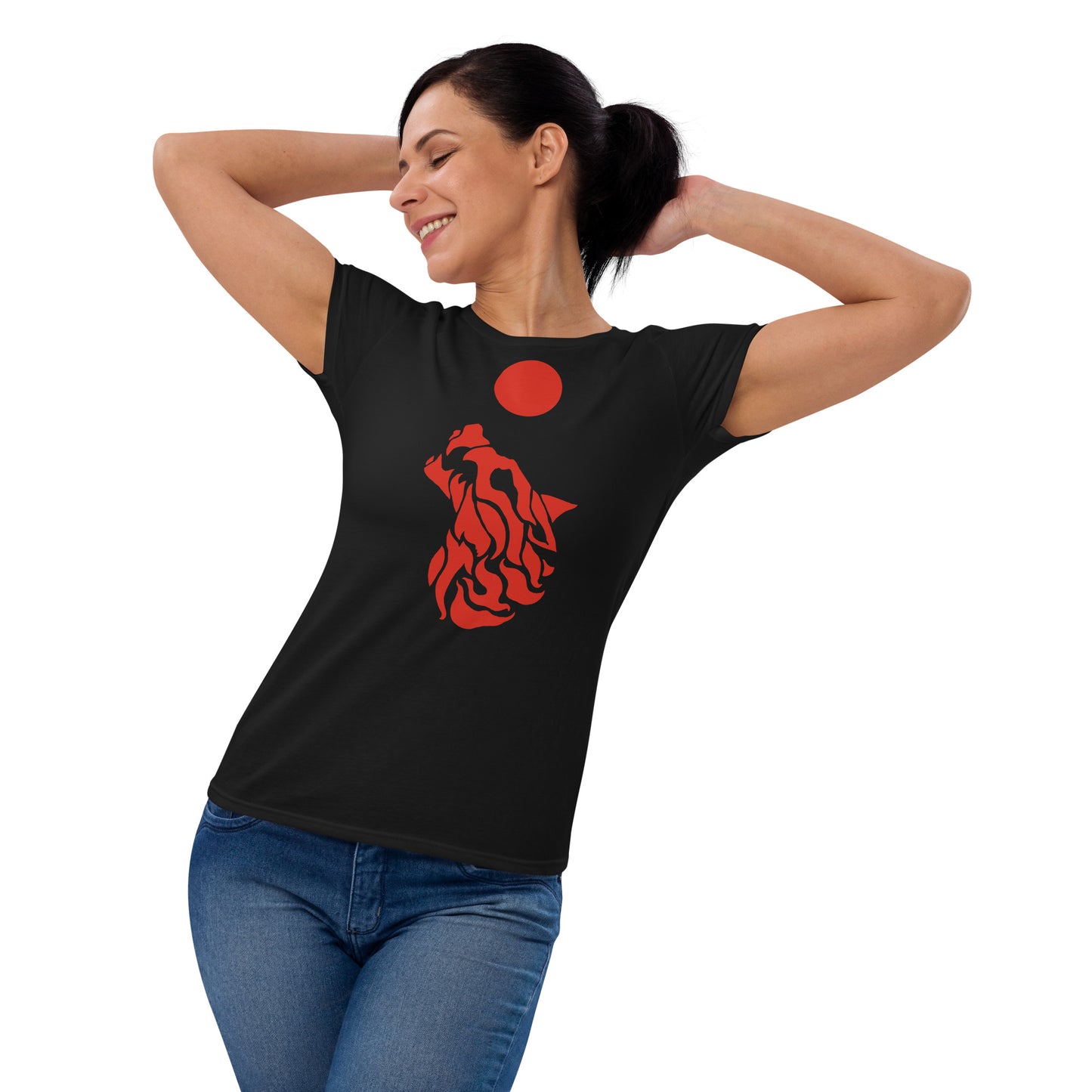 Women's Short Sleeve T-Shirt "Red Wolf” Crest Front/Adventurers Back