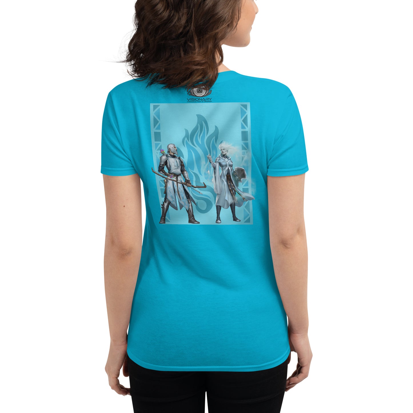 Women's Short Sleeve T-Shirt “Silver Flame” Crest Front/Adventurers Back