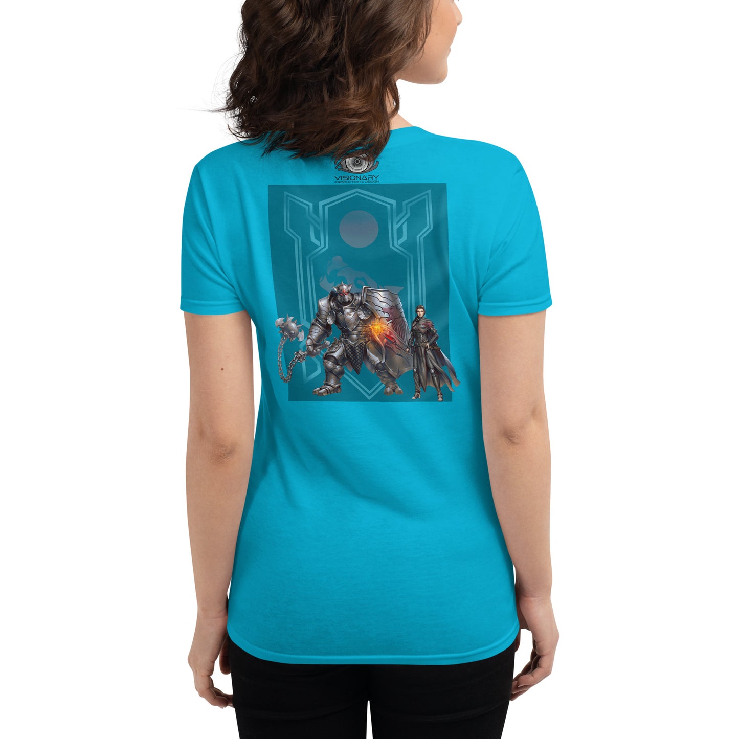 Women's Short Sleeve T-Shirt "Red Wolf” Crest Front/Adventurers Back