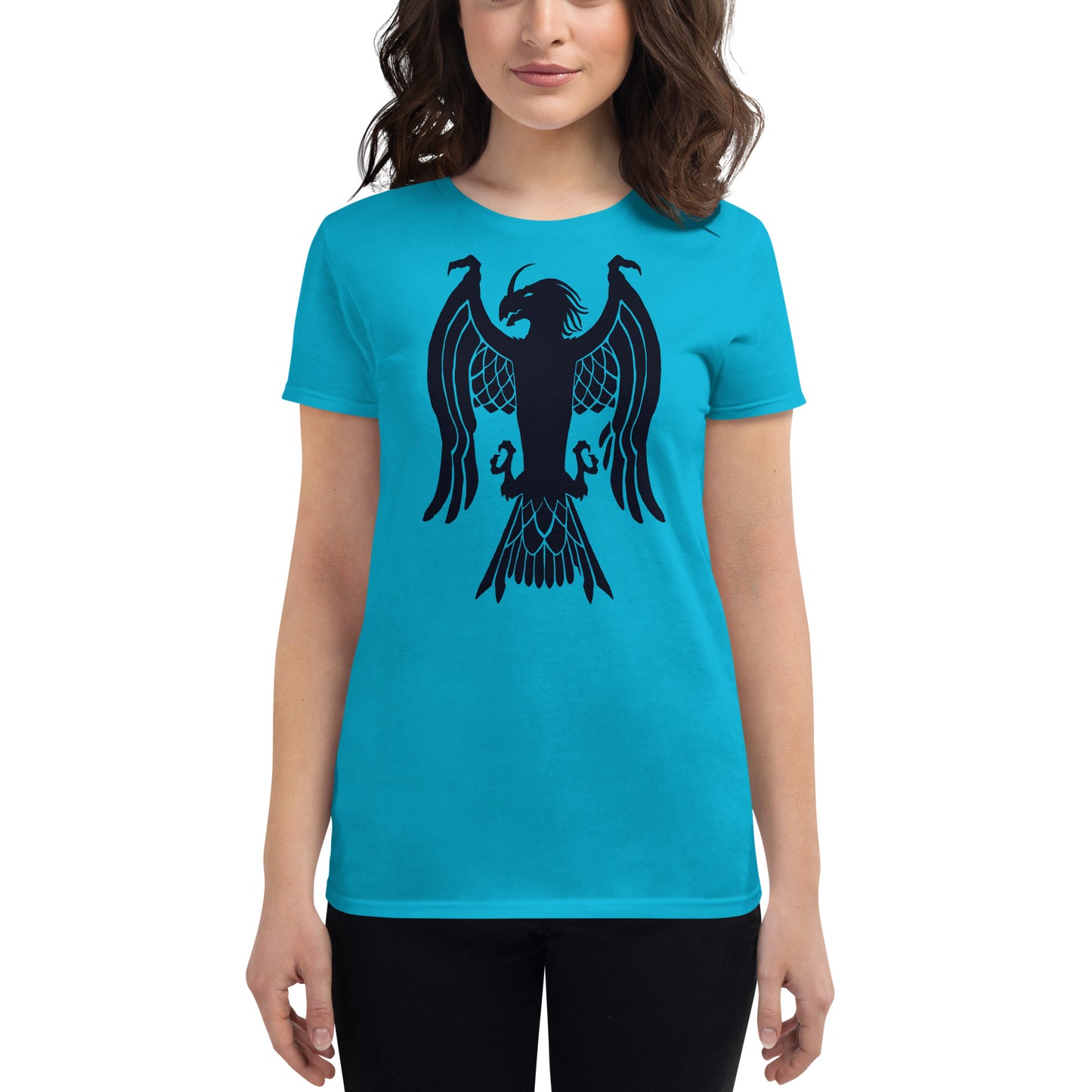 Women's Short Sleeve T-Shirt "Red Wolf” Crest Front/Adventurers Back