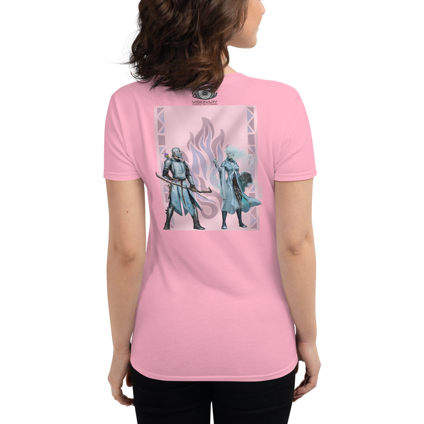 Women's Short Sleeve T-Shirt “Silver Flame” Crest Front/Adventurers Back