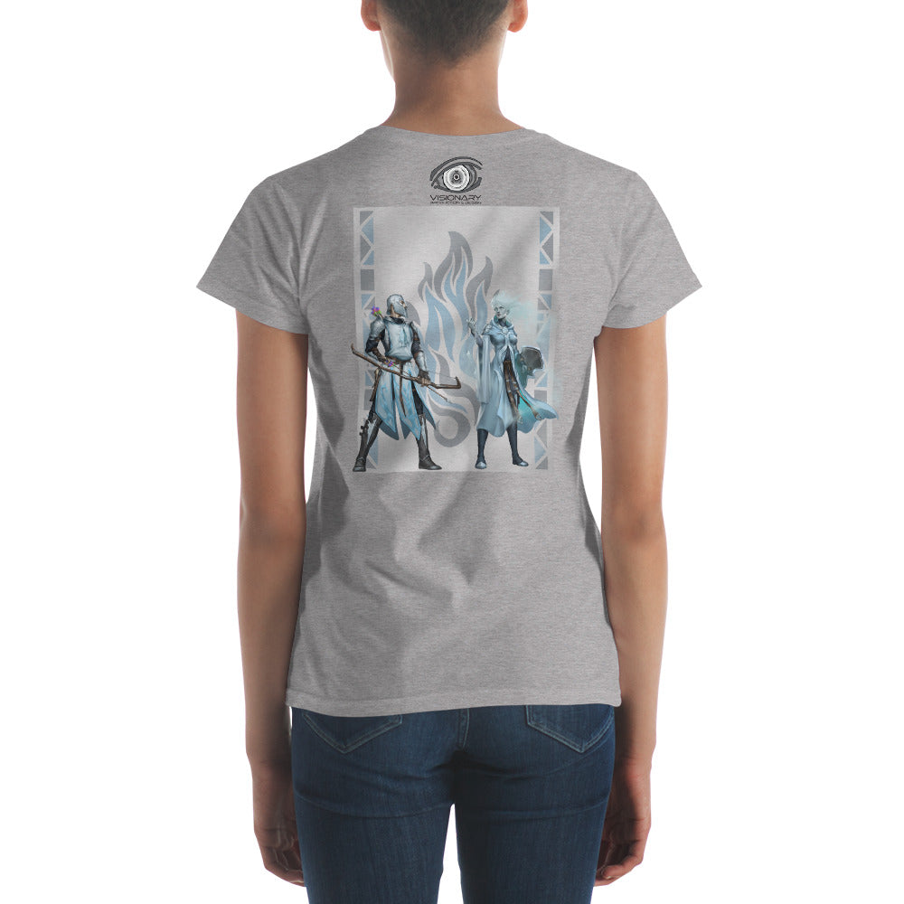 Women's Short Sleeve T-Shirt “Silver Flame” Crest Front/Adventurers Back