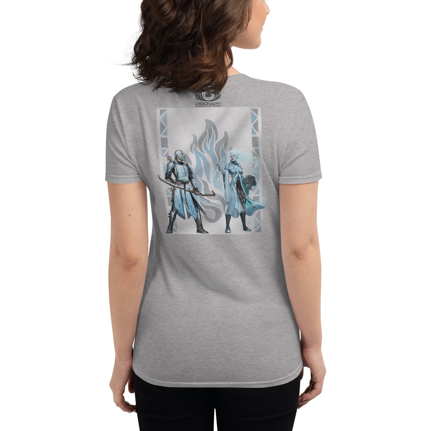 Women's Short Sleeve T-Shirt “Silver Flame” Crest Front/Adventurers Back