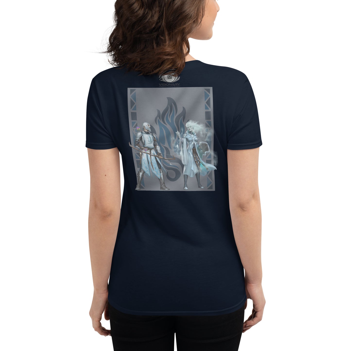 Women's Short Sleeve T-Shirt “Silver Flame” Crest Front/Adventurers Back