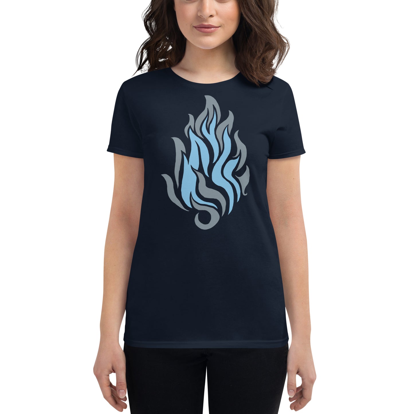 Women's Short Sleeve T-Shirt “Silver Flame” Crest Front/Adventurers Back