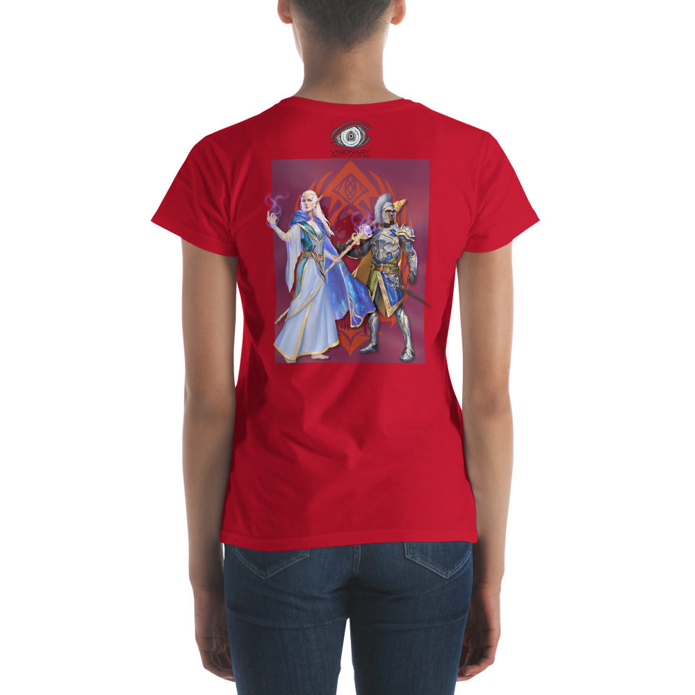 Women's Short Sleeve T-Shirt "Red Wolf” Crest Front/Adventurers Back