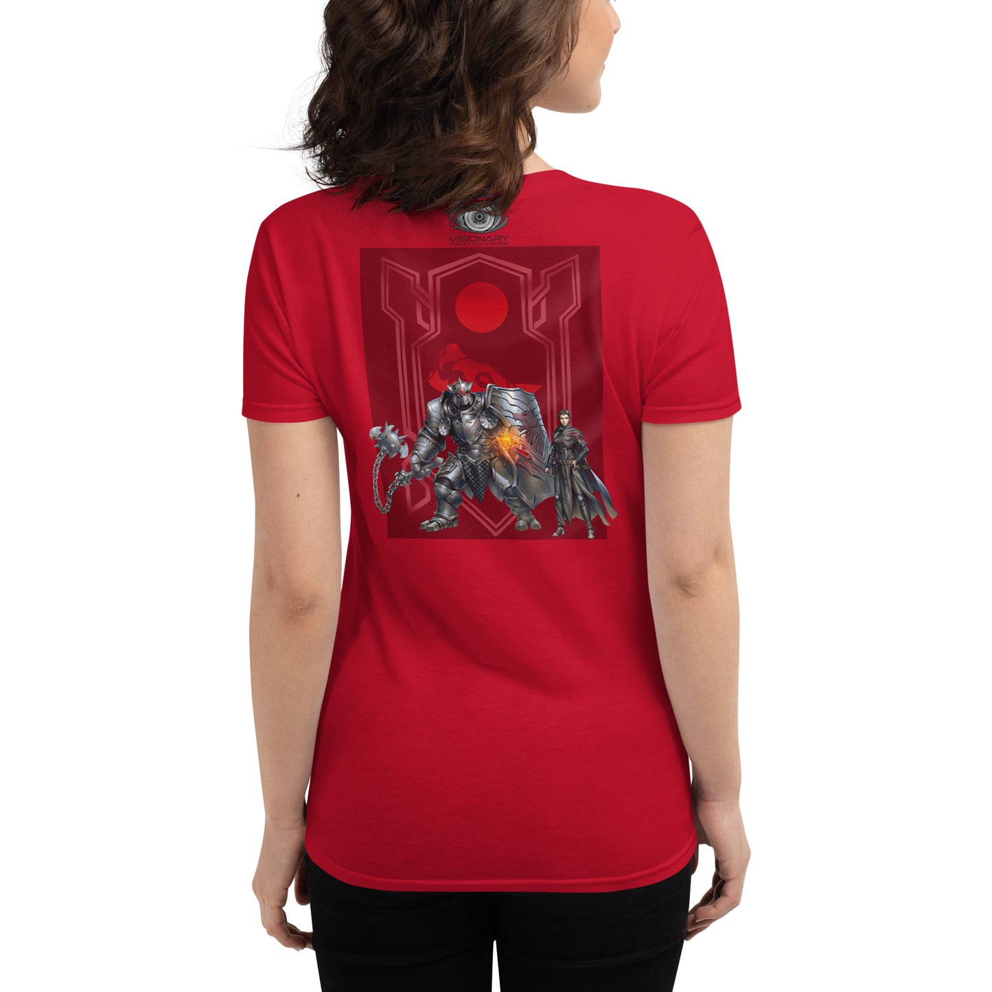 Women's Short Sleeve T-Shirt "Red Wolf” Crest Front/Adventurers Back