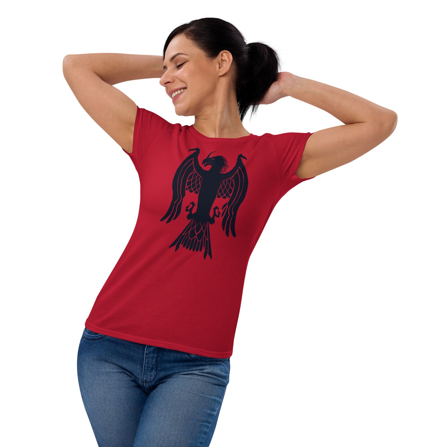 Women's Short Sleeve T-Shirt "Red Wolf” Crest Front/Adventurers Back