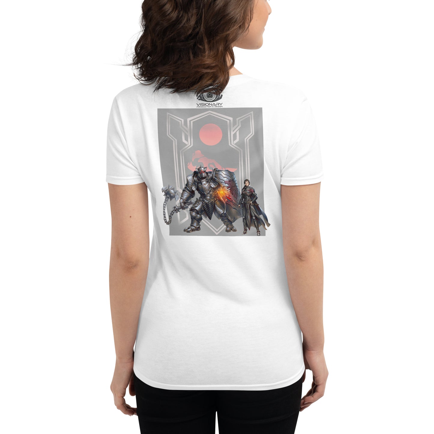 Women's Short Sleeve T-Shirt "Red Wolf” Crest Front/Adventurers Back