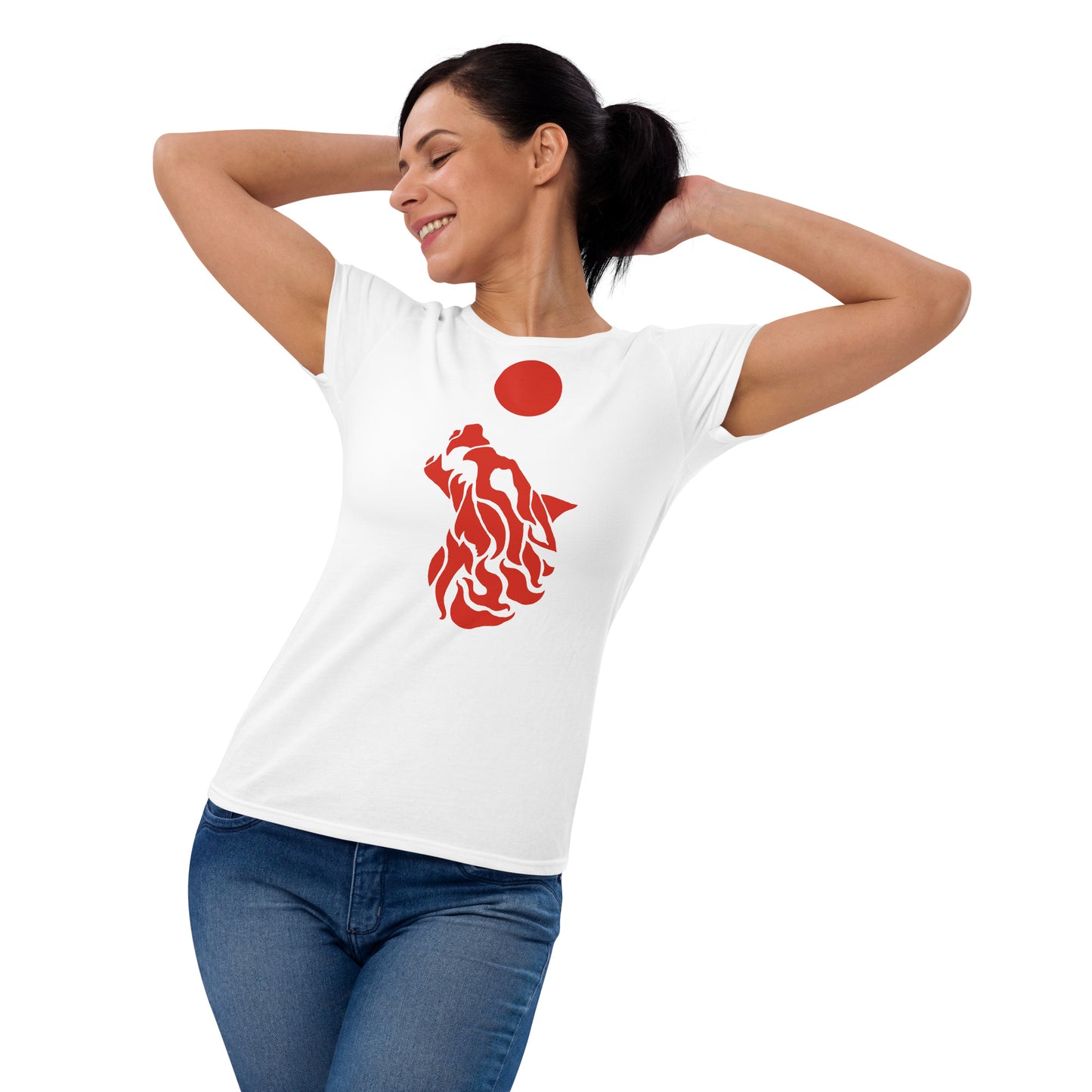 Women's Short Sleeve T-Shirt "Red Wolf” Crest Front/Adventurers Back